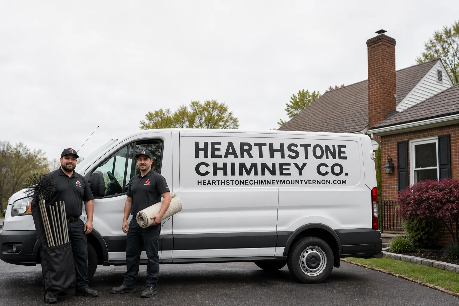 Hearthstone Chimney Co. chimney cleaning service vehicle and crew in Mount Vernon, NY